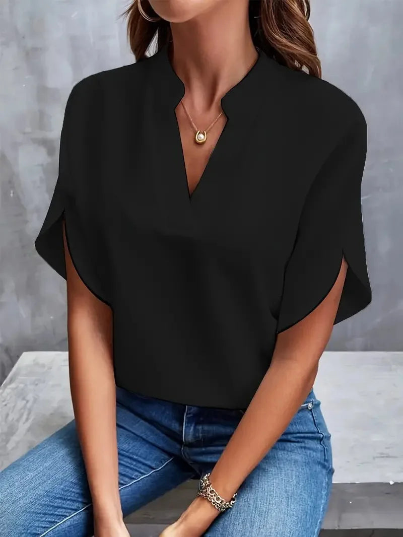 VEITCHE Summer Women Casual Solid Blouse – V-Neck Half Sleeve Office Elegant Loose Pullover Tops 🌸✨