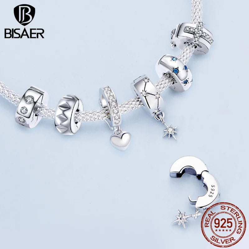 BISAER 925 Sterling Silver Clip Spacer Charm – Star & Cross Stopper Bead Fit Pandora Bracelet DIY Women’s Jewelry