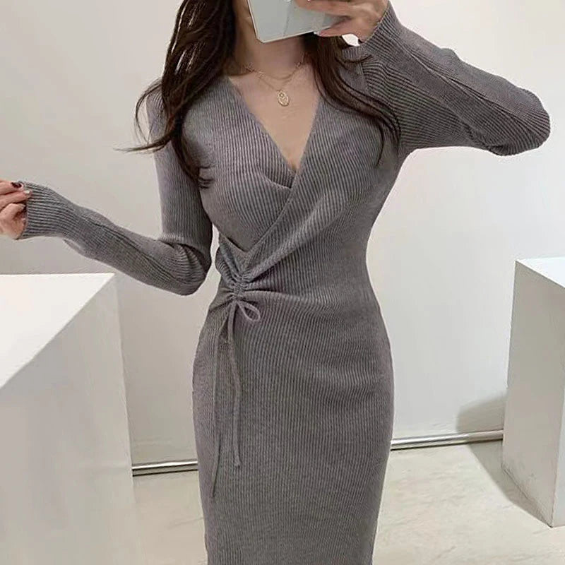 Chic V-Neck Pleated Drawstring Slimming Mid-Length Wrap Dress – Women’s Knitted Sweater Dress | Korean Style High Waist A-Line