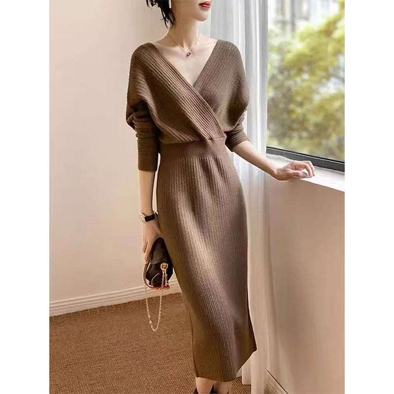 Loose V-Neck Pure Color Knitted Long Dress – Women’s Korean Style Autumn Winter Frock | Inner Wear Top New Arrival