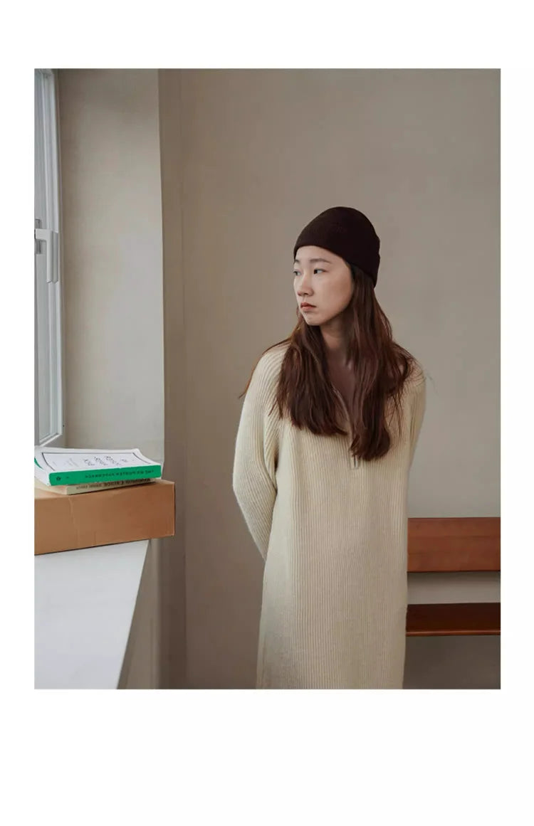 Plus Size Women's Knitted Midi Dress – Casual Loose Waist H-Shape Straight Tube Skirt, Long Sleeve Pure Color Polyester Fiber