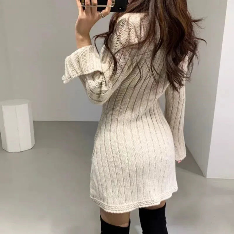 Autumn Casual Knitted Mini Dress – Elegant Slim Fit Long Sleeve Party Sweater Dress for Women | Korean Fashion V-Neck