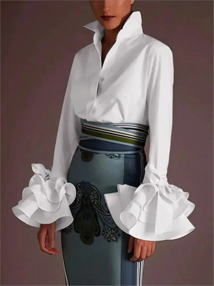 Women’s Elegant Flared Sleeve Falbala Blouse – Spring Autumn Solid Color Office Top 👚✨
