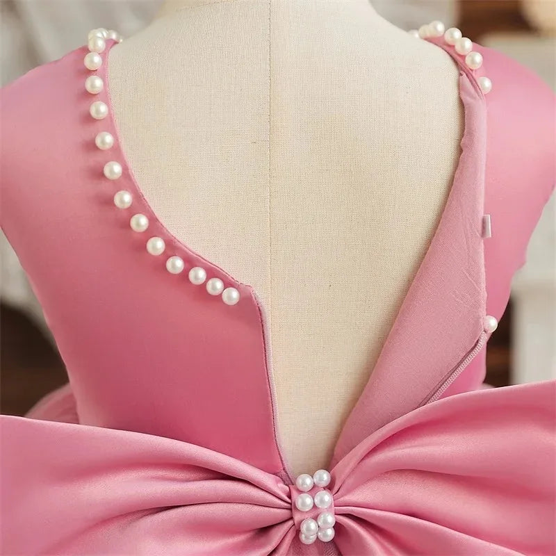 Hello Kitty Kids Pearls Elegant Princess Dress for Girls Backless Bow Baby 1st Birthday Baptism Tutu Gown Wedding Dress