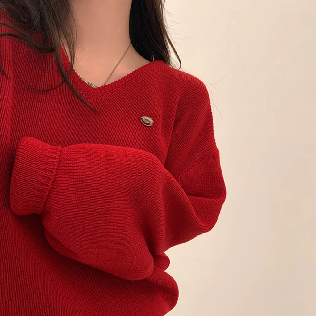 Loose Women’s Knitwear V-Neck Long Sleeve T-Shirt – Casual Comfortable Fashionable Autumn Top New Arrival