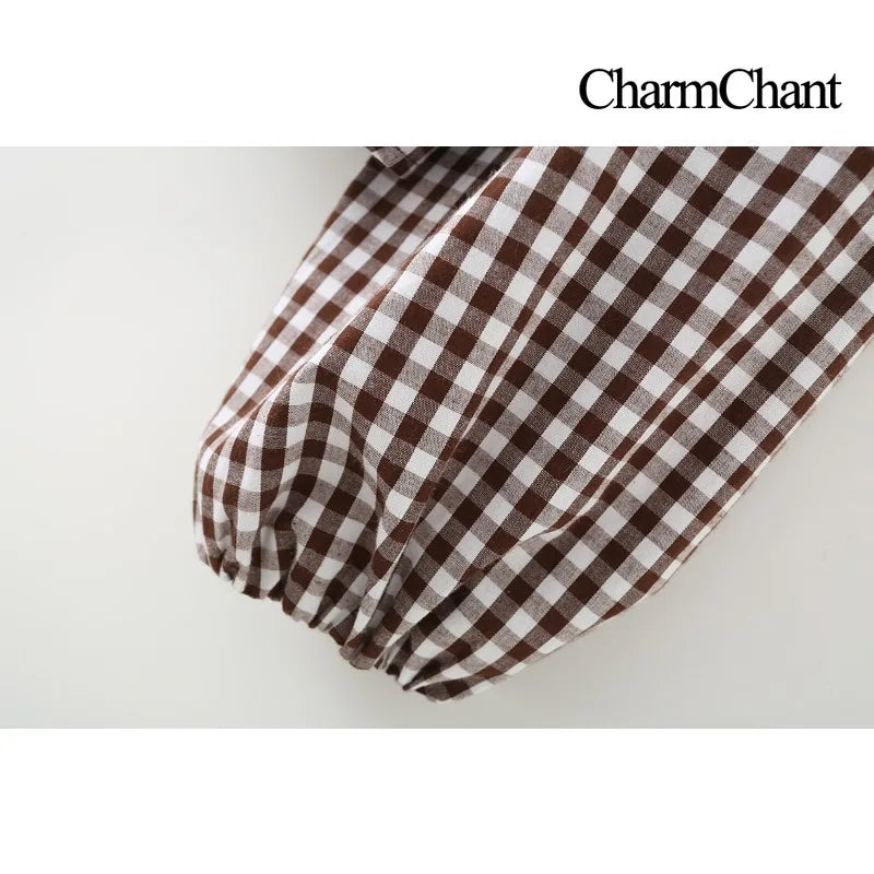 CharmChant Women’s Gingham Cropped Blouse 🌸 Ruffle Tie Neck Top ✨