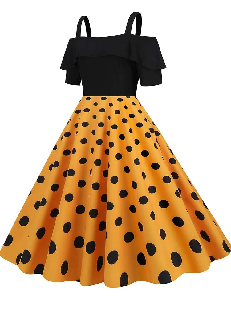 Off-Shoulder Elegant Vintage Party Dress – Women’s Summer Polka Dot Ruffles A-Line Midi Dress