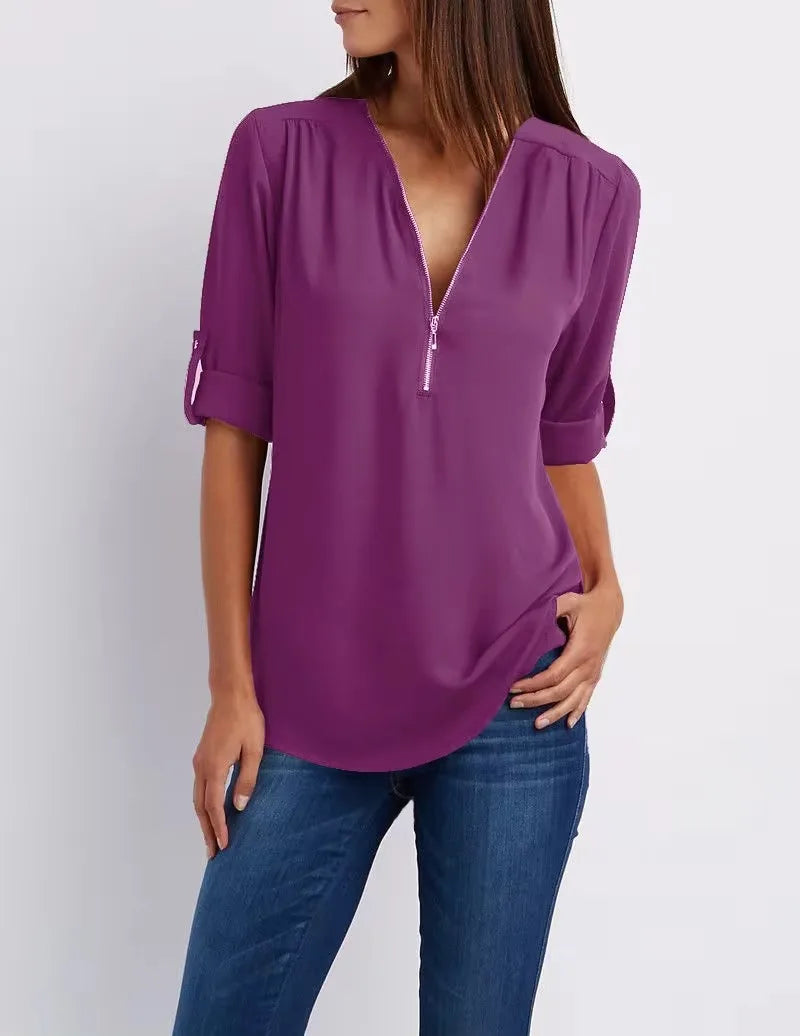 2025 Women’s Chiffon Blouse | Sexy Deep V-Neck Zipper Pullover Loose Fashion Top Plus Size