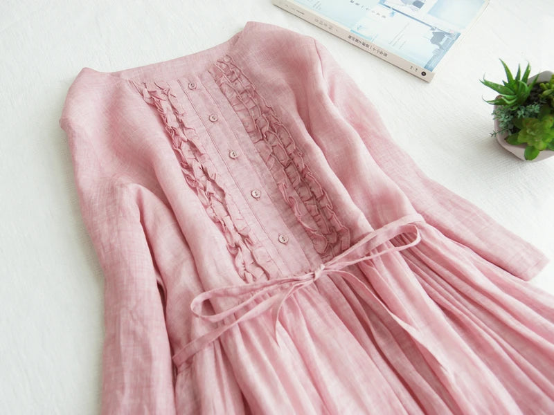 Japanese Style Women’s Long Sleeve Cotton Linen Dress | Wooden Ear Design Loose A-Line Skirt with Waist Belt