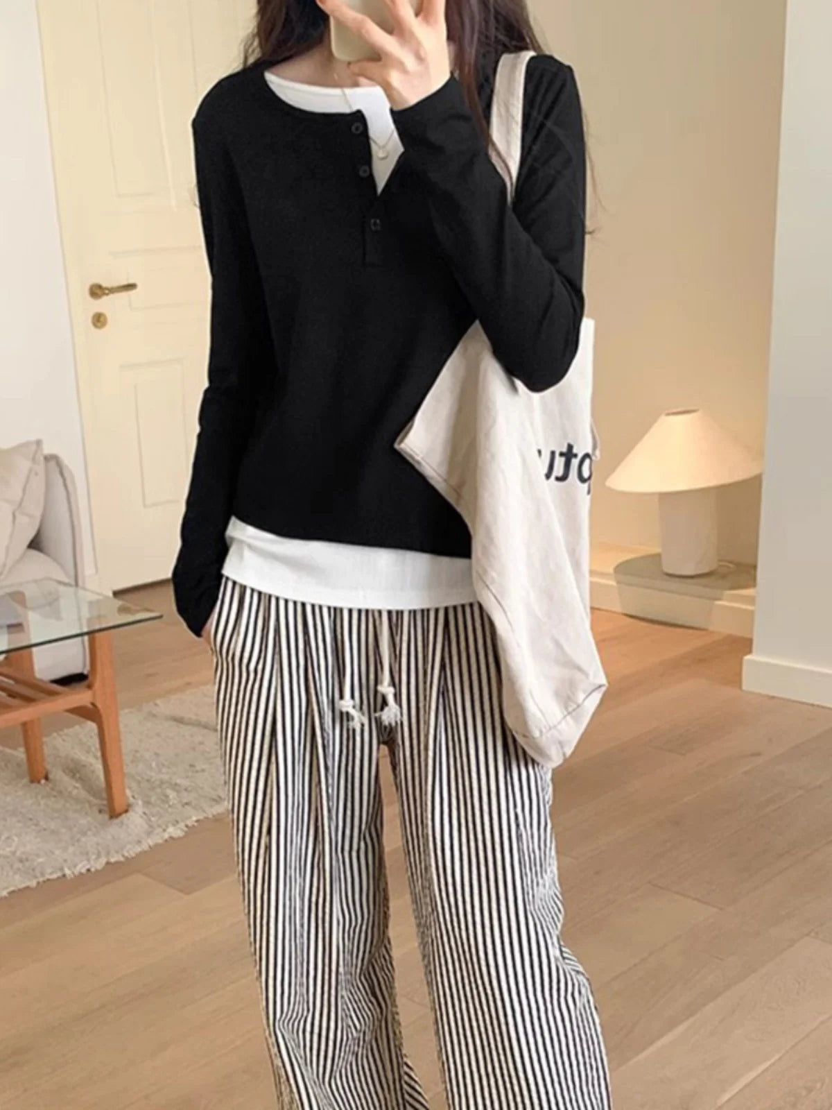 Slimming Effect Pure Cotton Long Sleeve Top – Women’s Loose Fashionable Base Shirt Spring Autumn 2025