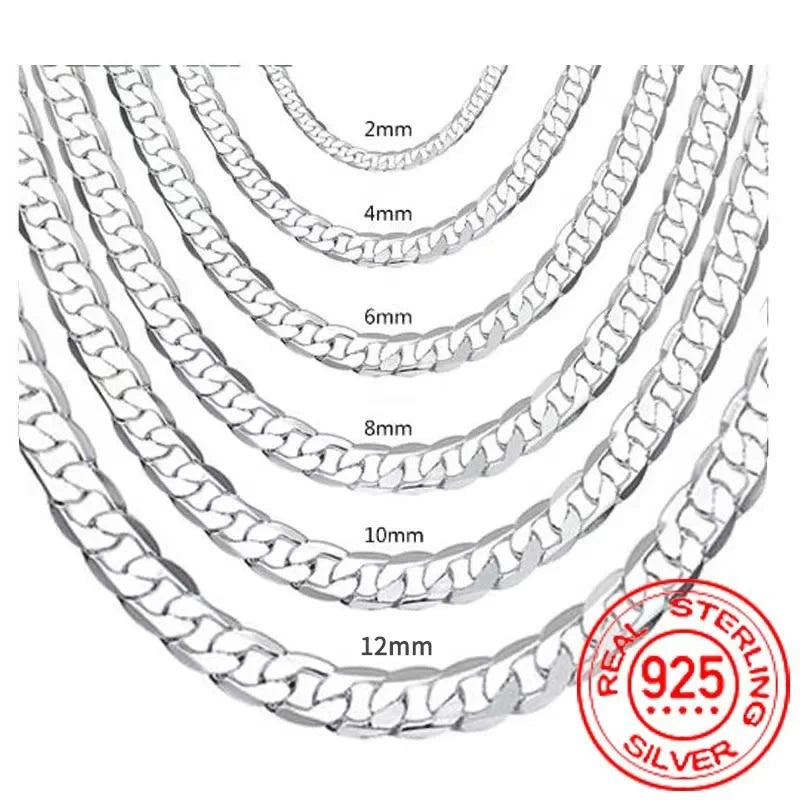 Men's 925 Sterling Silver Face Chain Necklace – 2/4/6/8/10/12MM, 40-75cm, Lobster Clasp, Unisex Engagement Jewelry Gift