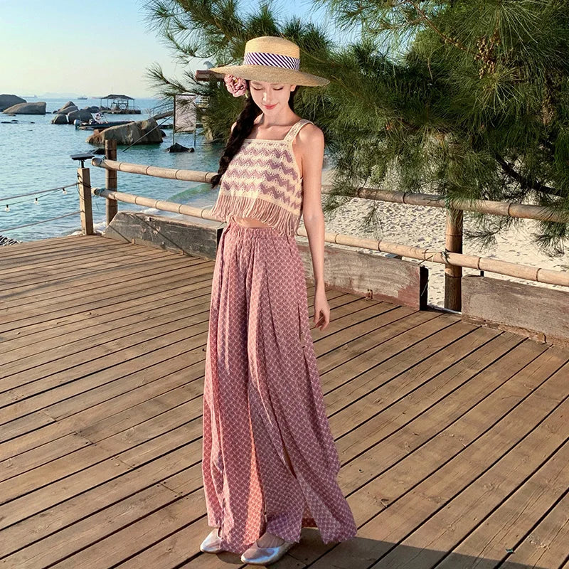 Vacation Style High Waist Wide Leg Pants – Thin Long Ethnic Print Pants for Beach & Holiday Wear