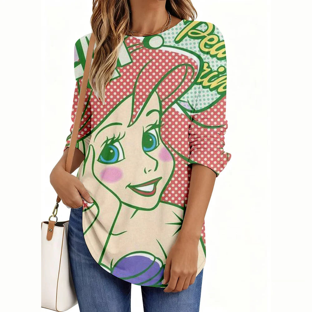 Disney Princess Print Women’s Long Sleeve Shirt – Casual Weekend Holiday Loose Elegant Top 👑✨