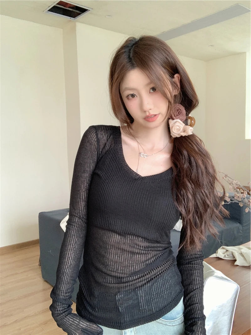 Slim Fit V-Neck Transparent Knitted Top for Women | Autumn 2024 Elegant Long Sleeve Thin Sweater | Classic Commuter Style
