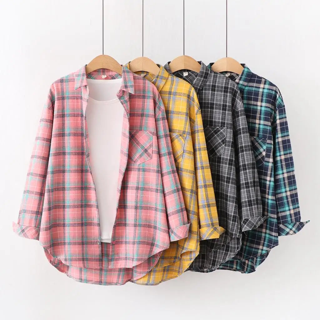 Fresh Flannel Plaid Shirt for Women | 2025 Loose Cotton Long Sleeve Casual Blouse & Top