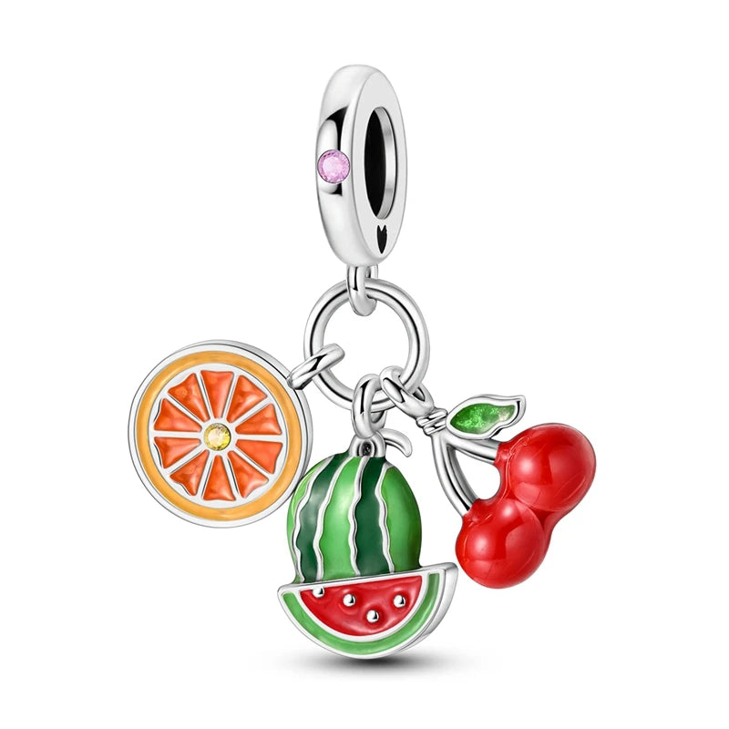 925 Sterling Silver Fruit Charms Beads | Cherry, Strawberry, Lemon, Peach & Avocado Pendants for Original Bracelet DIY Jewelry