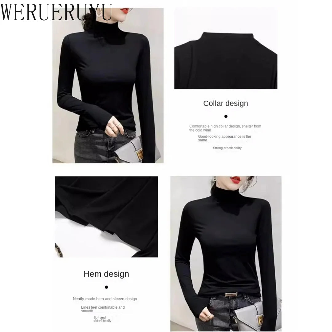 2024 Women’s Black Turtleneck Long Sleeve T-Shirt | Elegant Modal Y2K Korean Fashion Top for Autumn & Winter