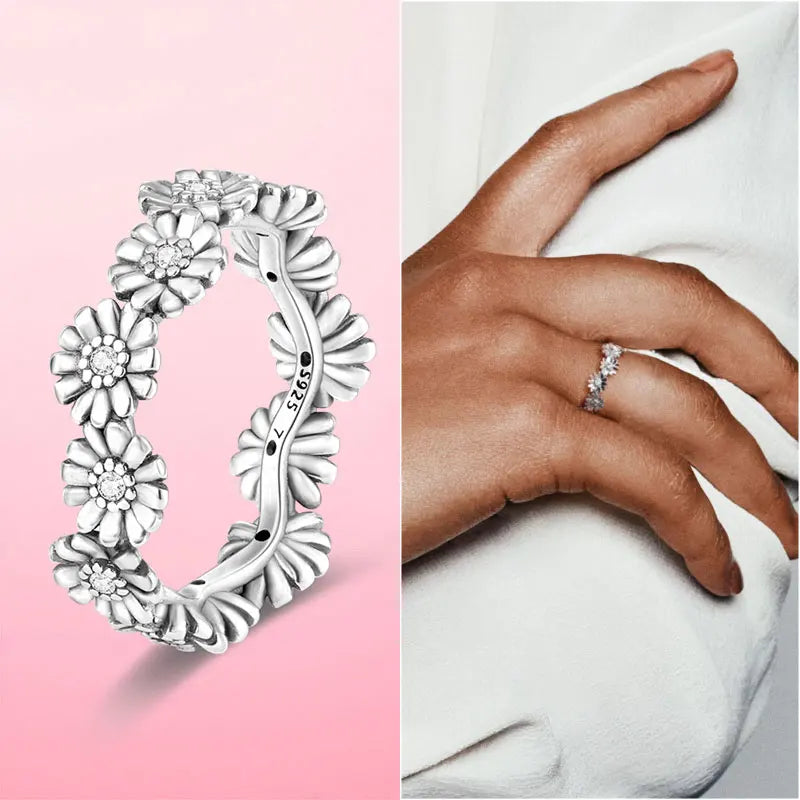 925 Silver Stackable Infinite Heart Daisy Flower Ring for Women | Sterling Silver Brand Jewelry Gift