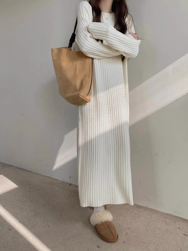Plus Size Women’s Mid-Length Dress – Casual Round Neck Long Sleeve A-Line H-Line Skirt for Autumn Winter