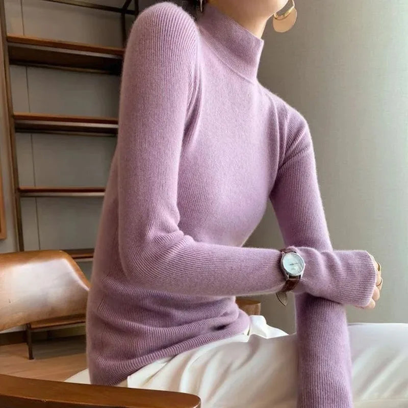 2025 Women’s Slim Fit Turtleneck Sweater – Long Sleeve Solid Color Knitted Pullover for Autumn Winter