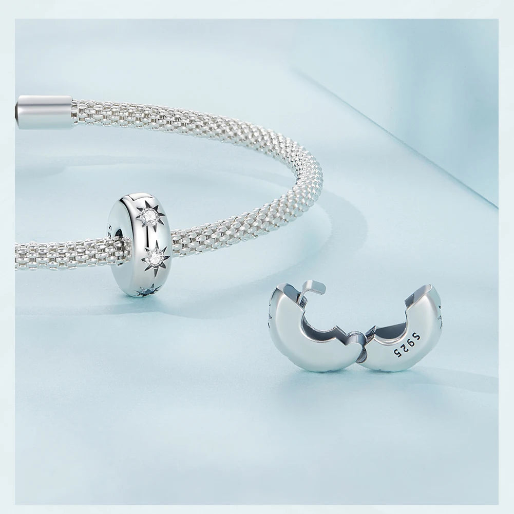 BISAER 925 Sterling Silver Clip Spacer Charm – Star & Cross Stopper Bead Fit Pandora Bracelet DIY Women’s Jewelry