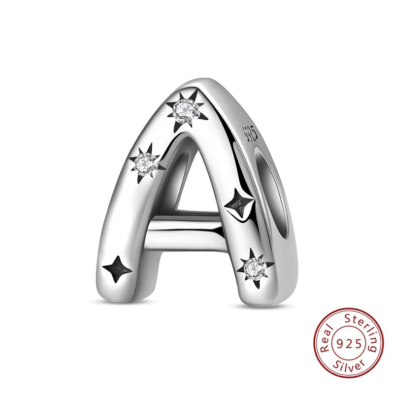 Classic 925 Sterling Silver A–Z Alphabet Charms | Letter Beads with Stars Fit Original Bracelet DIY Jewelry for Women