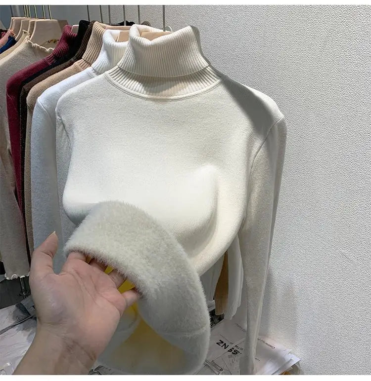 2025 Women’s High Collar Pullover Sweater – Thick Warm Soft Winter Top | Solid Color Bottoming Shirt