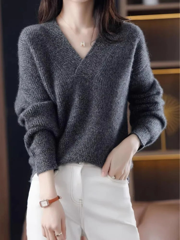 Autumn Winter Women’s V-Neck Knit Sweater – Solid Loose Pullover Soft Warm Casual Top