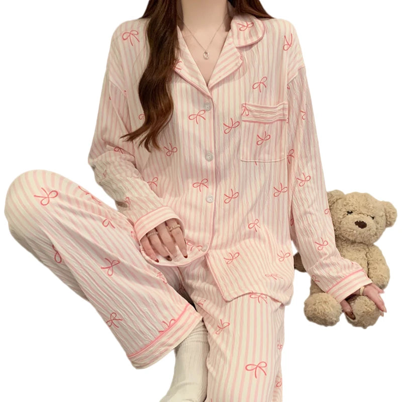 🌸 Pink Bow Pajamas Set for Women 💖 Long Sleeve Top & Elastic Waist Pants 🛌 Harajuku Style Casual Home Wear