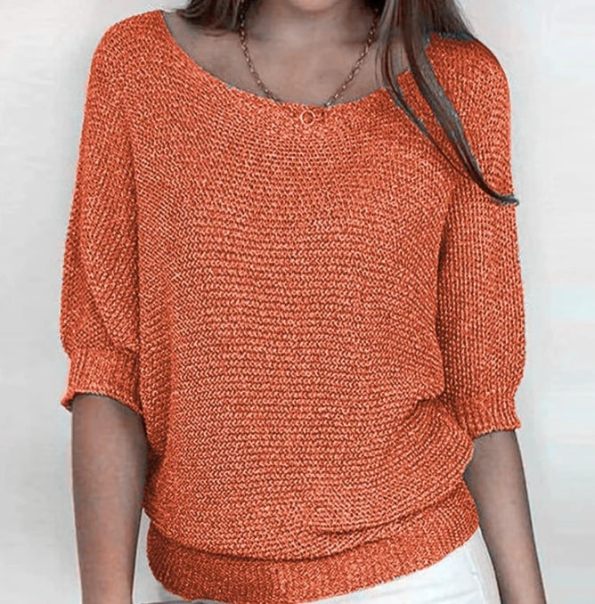 Women's Solid Color Knitted Sweater Pullover | Elegant Winter Round Neck 3/4 Sleeve Top
