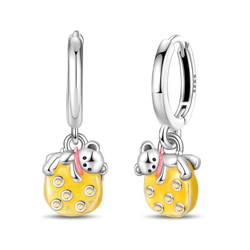 Original 925 Sterling Silver Fruit Series Earrings | Cherry & Strawberry Zircon Hoop Studs for Women Girls Party Jewelry