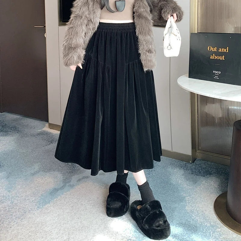 Plus Size Black Velvet Midi Skirt – High Waist A-Line Autumn Winter Mid-Length Skirt for Women