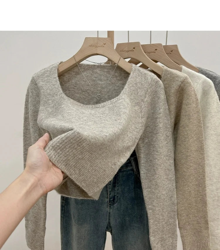 ✨ Soft Short Knitted Sweater Top for Women 🍁 Square Collar Slim Fit | Autumn Winter Inner Base Shirt 👚