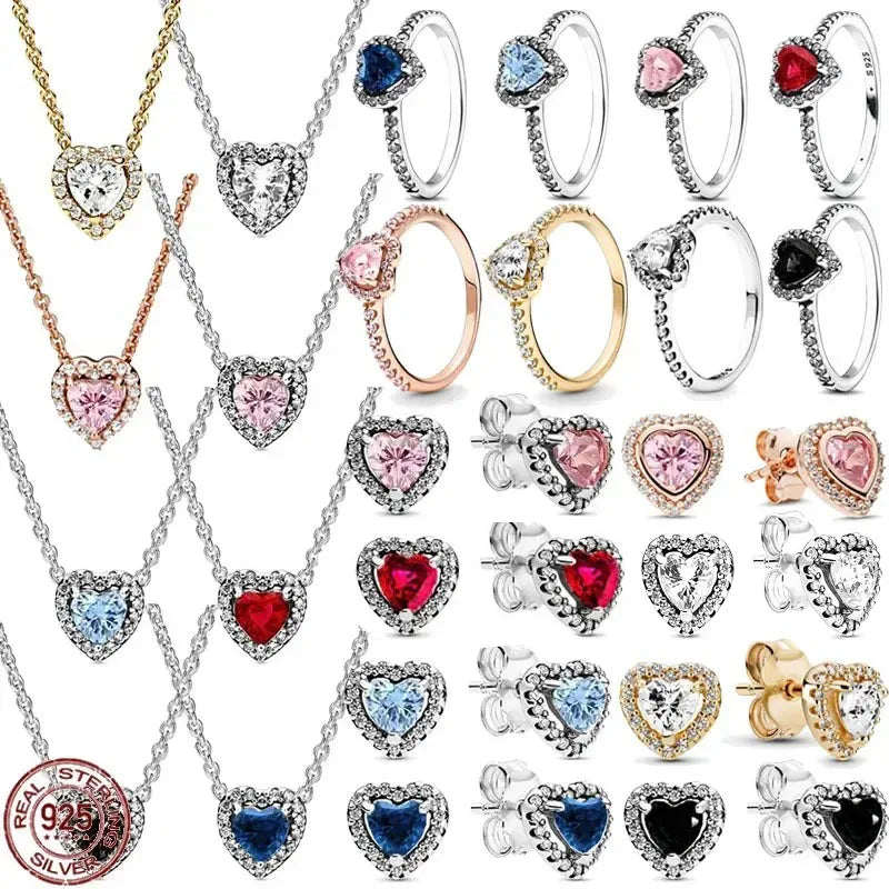 New 925 Sterling Silver Heart Jewelry Set | Pink, Red & Rainbow Earrings, Rings, Necklaces Gift Collection
