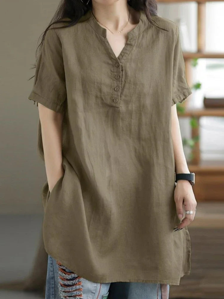2024 Summer Cotton & Hemp Women’s Shirt – Casual Commuting Short Sleeve Half-Open Top 🌿👚
