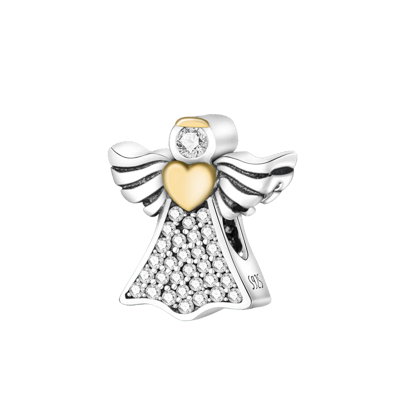 S925 Silver Angel Baby Charms | Heart Shape Wings Dangle Beads Fit Bracelet & Necklace