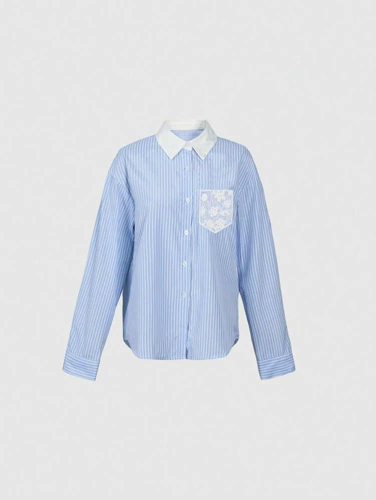 Women’s Striped Clash Collar Lace Pocket Shirt – Daily Casual Fashion Back to School Top 👚📚
