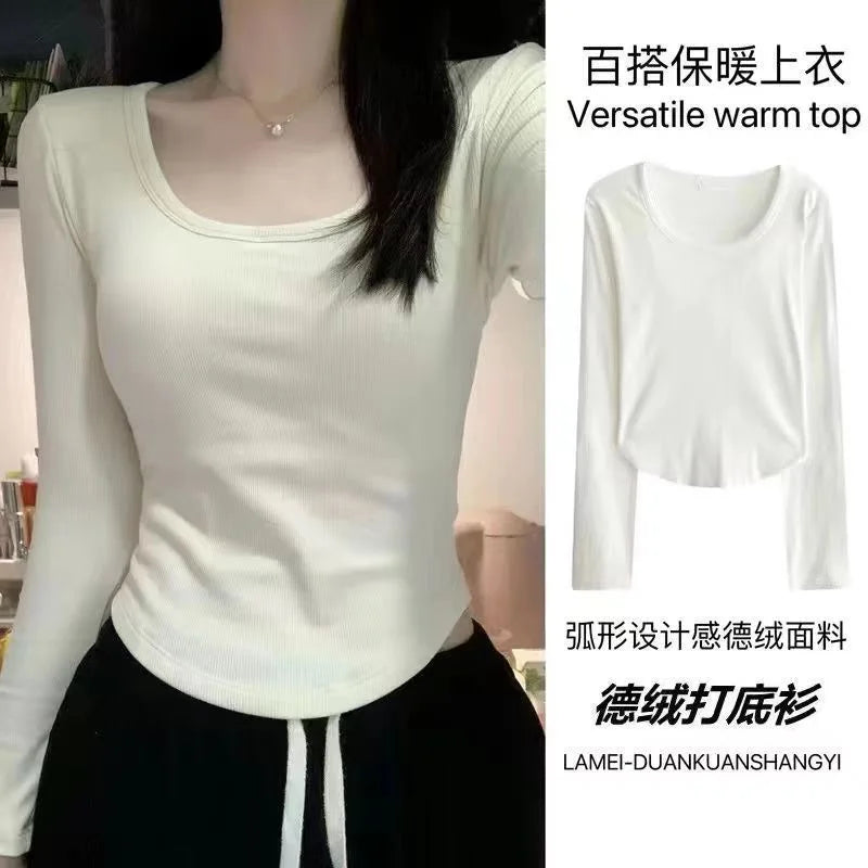 Women's Fleece-Lined Long Sleeve T-Shirt ❄️ Sweet Slim Fit U-Neck Top 👚 Autumn Winter Warm Fashion