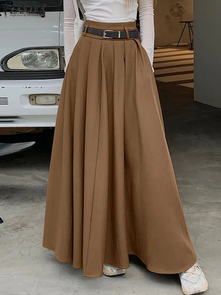 ZANZEA Women High Waist Pleated Swing Skirt – Vintage Korean Style Long Solid Skirt for Spring 2024