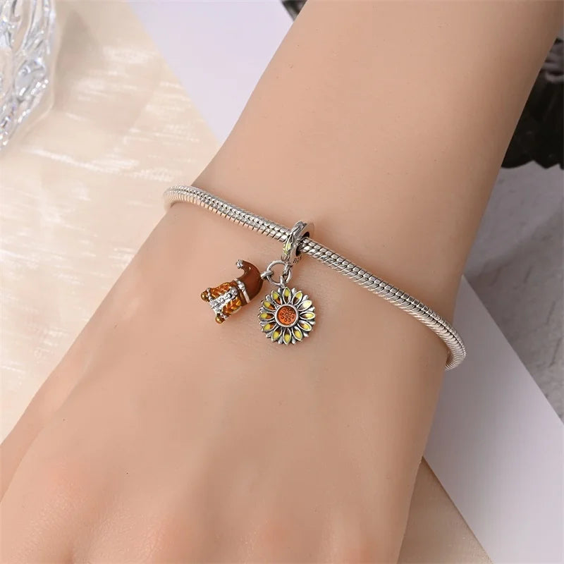925 Sterling Silver Squirrel & Maple Leaf Charm | Shiny Zircon Autumn Beads Fit Pandora Bracelet DIY Jewelry
