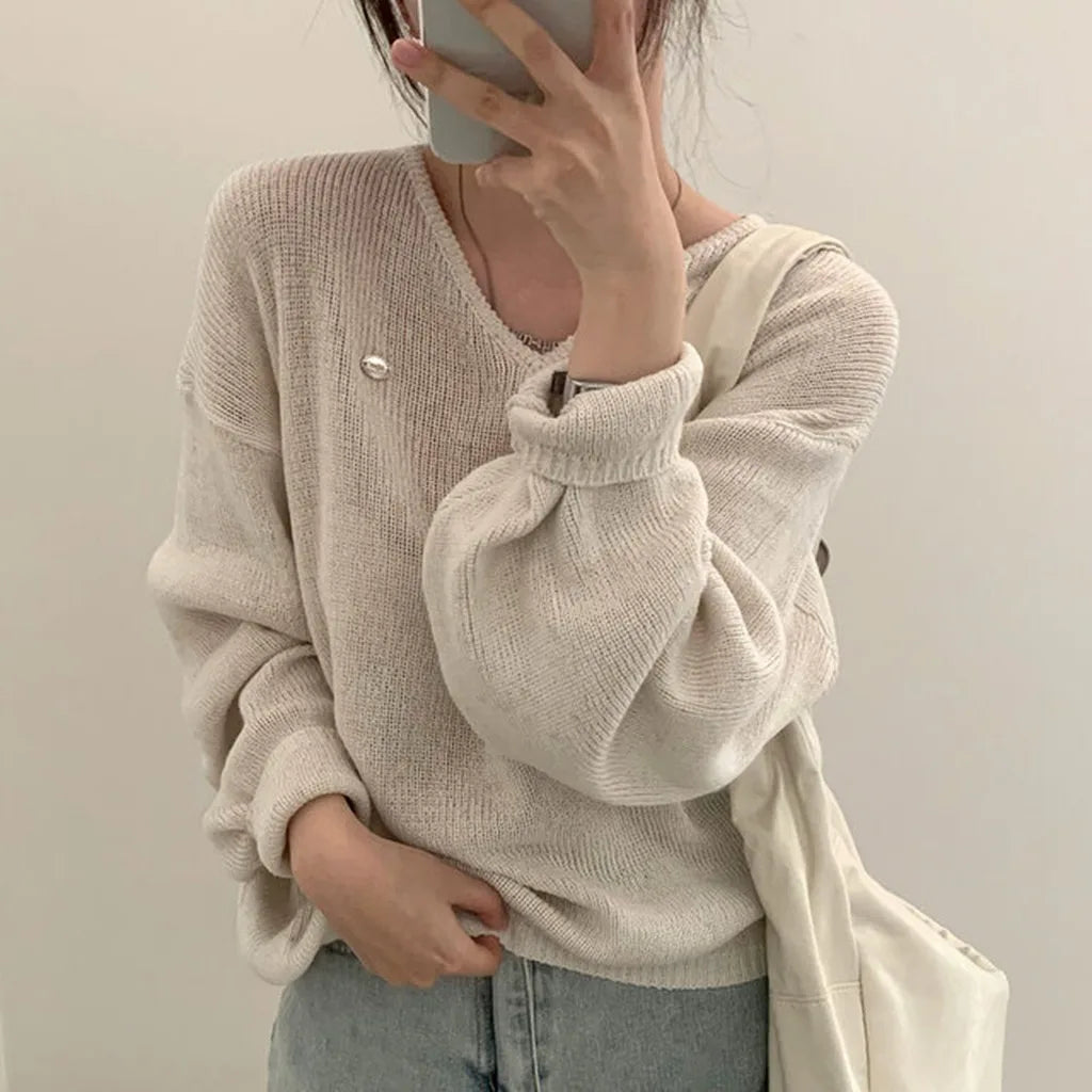 Loose Women’s Knitwear V-Neck Long Sleeve T-Shirt – Casual Comfortable Fashionable Autumn Top New Arrival