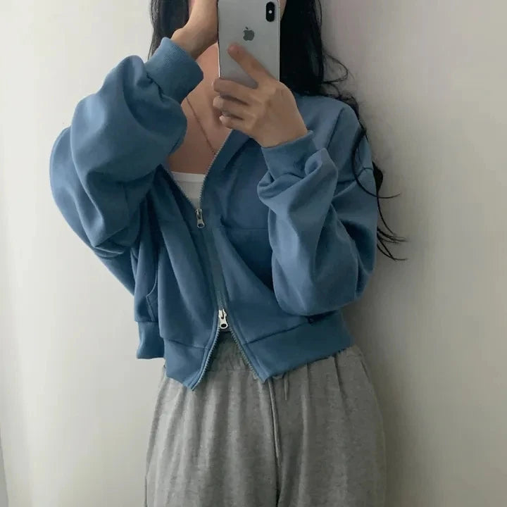 Chic Early Autumn Casual Long Sleeve Hoodie – Double Zipper Loose Versatile Cotton Pullover | Pure Color Commute Wear