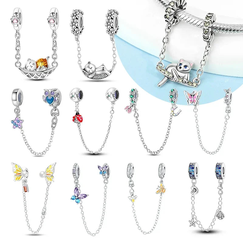 S925 Silver Cute Cat Heart Bead Safety Chain Fit Original Bracelet