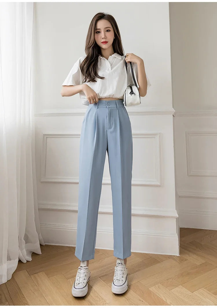 Women’s High Waist Suit Pants | Summer Black Harem Business Pants | Korean Style Pocket Thin Nine-Point Trousers