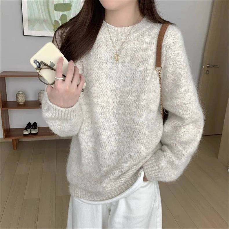 Women’s Round Neck Long Sleeve Knitted Sweater – Loose Fit Comfortable Autumn Winter Casual Inner Wear Top