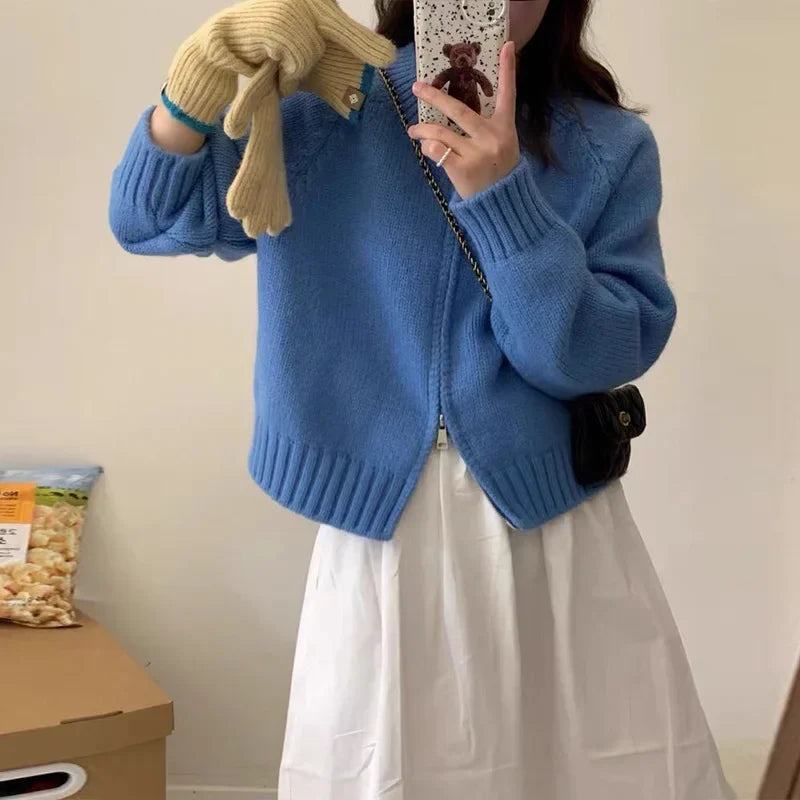 Women's Short Knitted Cardigan 2025 | Autumn Winter Solid Color Zipper Sweater Jacket