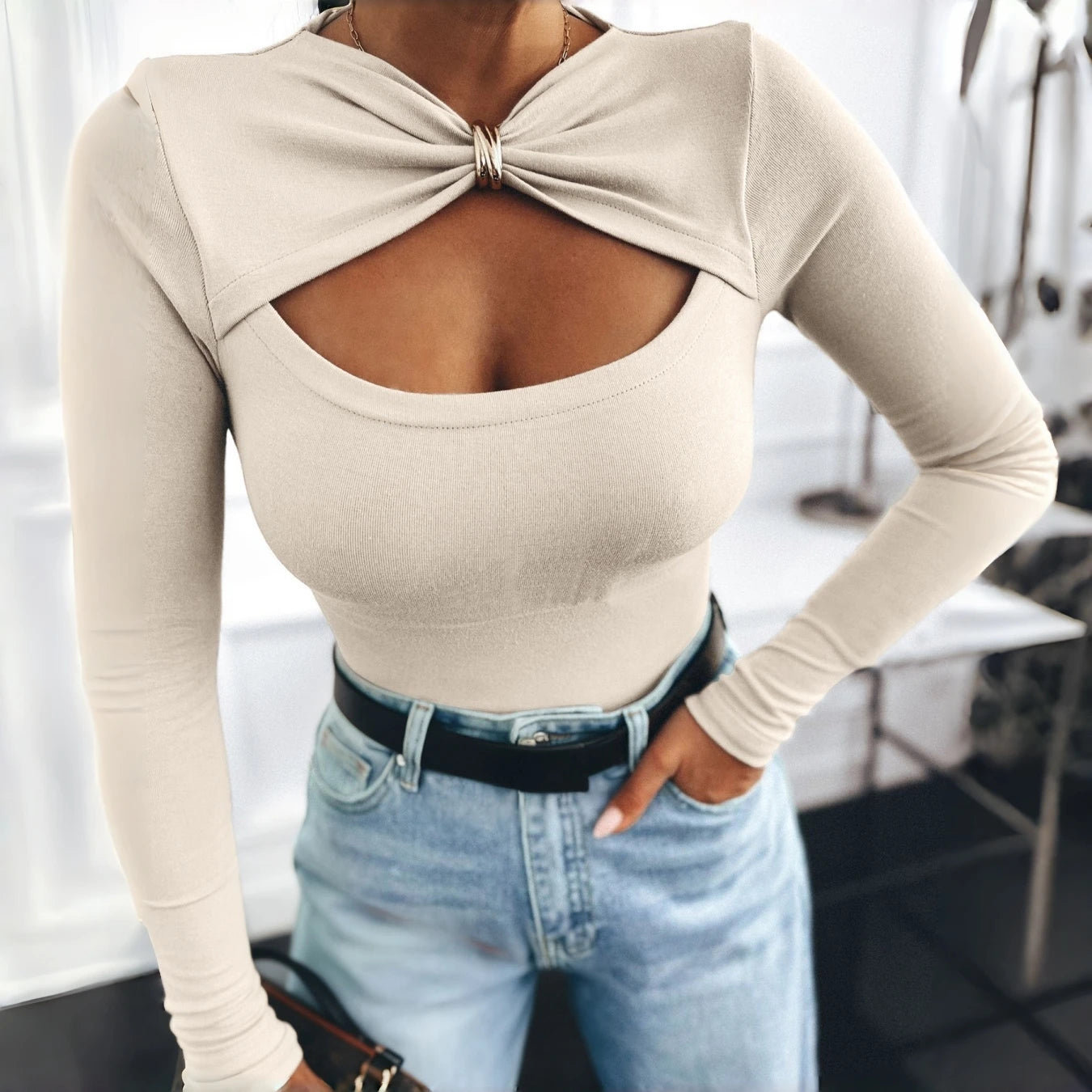 Autumn Winter Women’s Slim Long Sleeve T-Shirt – Bow Neck with Metal Buttons & Hollow Design