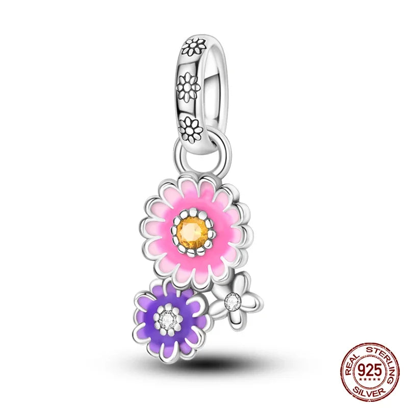 925 Sterling Silver Purple Flower & Butterfly Dangle Charm | Bead for 4MM Bracelet or Necklace DIY Jewelry Gift