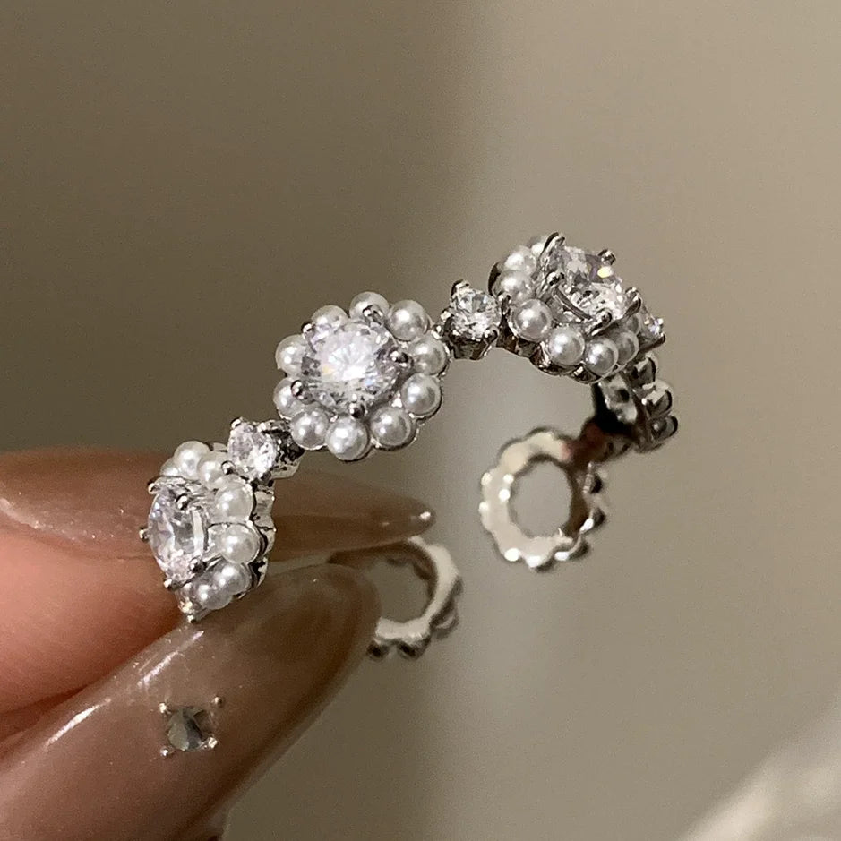 VENTFILLE 925 Sterling Silver Flower Lace Ring – Adjustable CZ Korean Fashion Jewelry