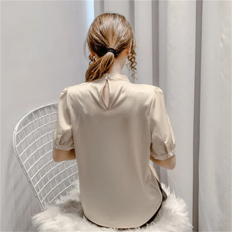 Women’s Summer Puff Sleeve O-Neck Blouse – Solid Pearl Casual Fashion Top WY0227 🌸✨
